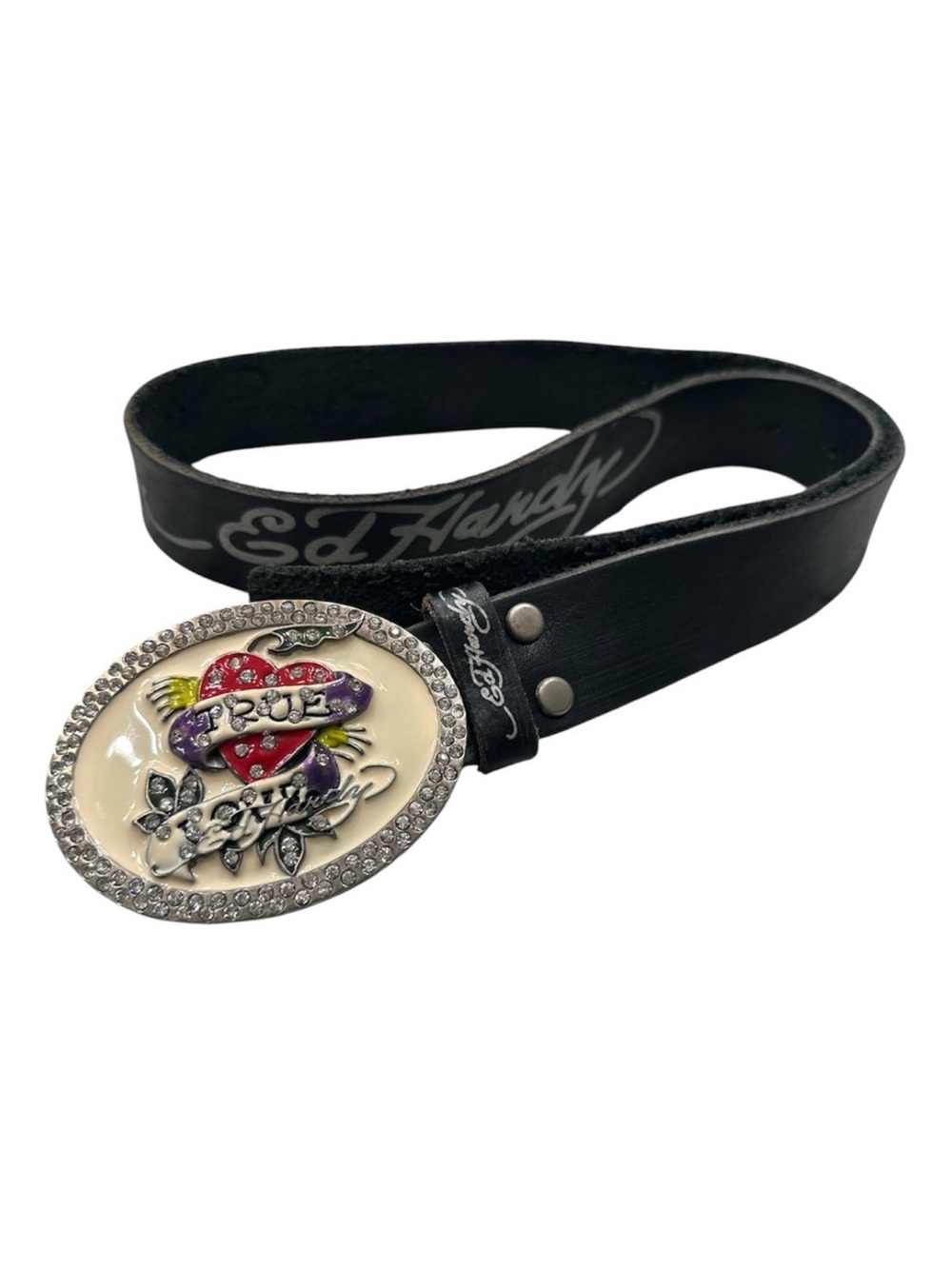 Ed Hardy Y2K Cyber Rhinestone Heart Belt Large True Love Genuine Leather Vintage